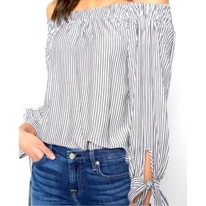 Tie Sleeve Off Shoulder Stripe Blouse, Blue Gray and White Striped